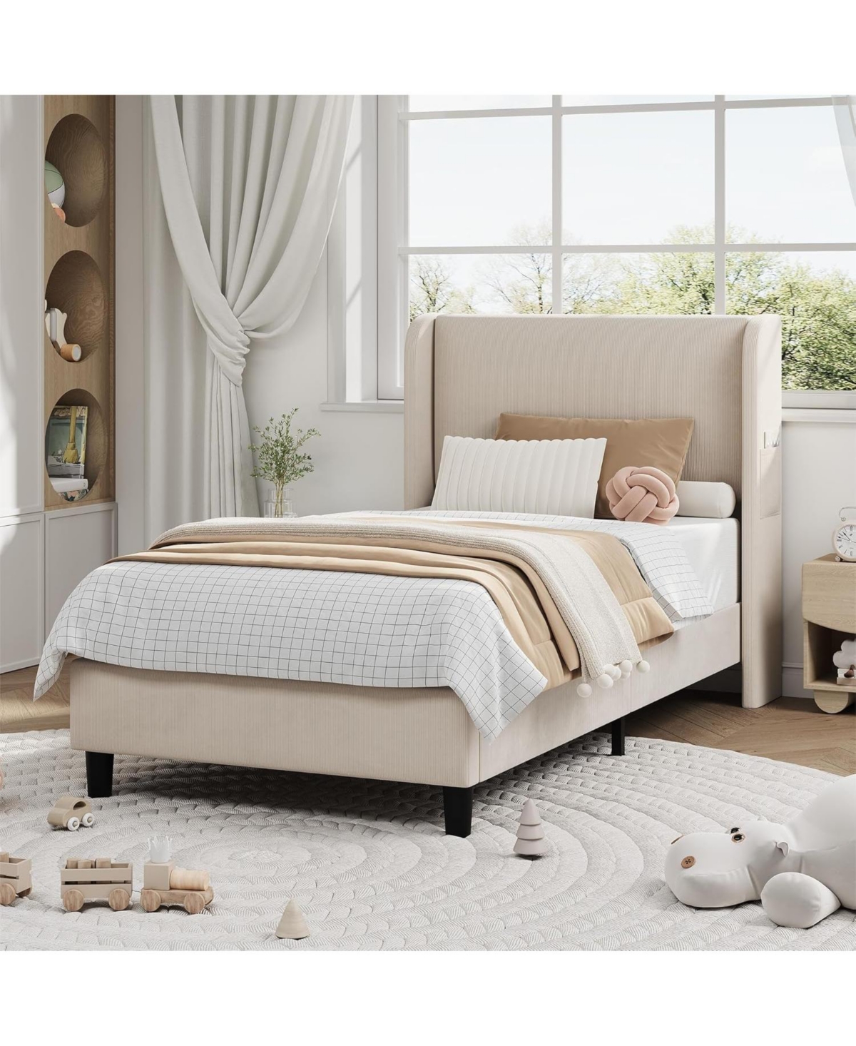 gaomon Bed Frame with Wingback Headboard – Elegant Vertical Stripe Velvet Upholstered 2 Storage Pockets