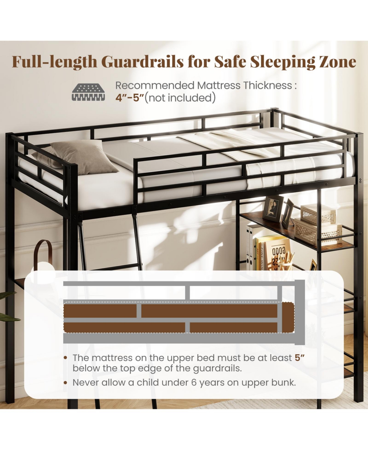 Gymax Twin Size Loft Bed w/ Desk & Shelves Inclined Ladder & Full-length Guardrails