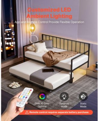 Metal Pull-Out Trundle, LED Lights, Charging Station, Adjustable Backrest Daybed Frame