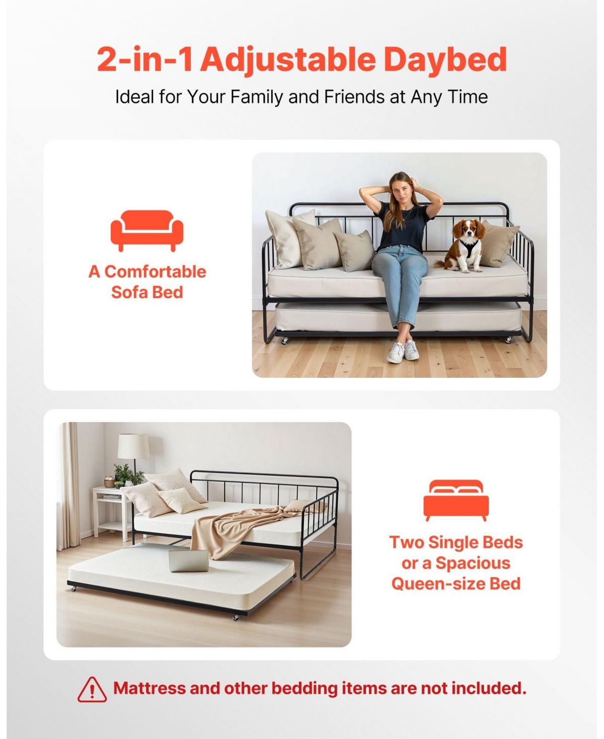 Slickblue Metal Day Bed Frame with Trundle and Sturdy Slats for Bedroom