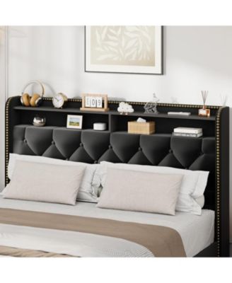 Queen Size Velvet Bed Frame with 4 Storage Drawers, Tufted Headboard, Nailhead Trim, No Box Spring Needed, Black