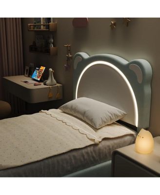 Twin Kids Upholstered Platform Bed Frame with Adjustable Headboard, Drawer, LED Light, Wood Slats, No Box Spring