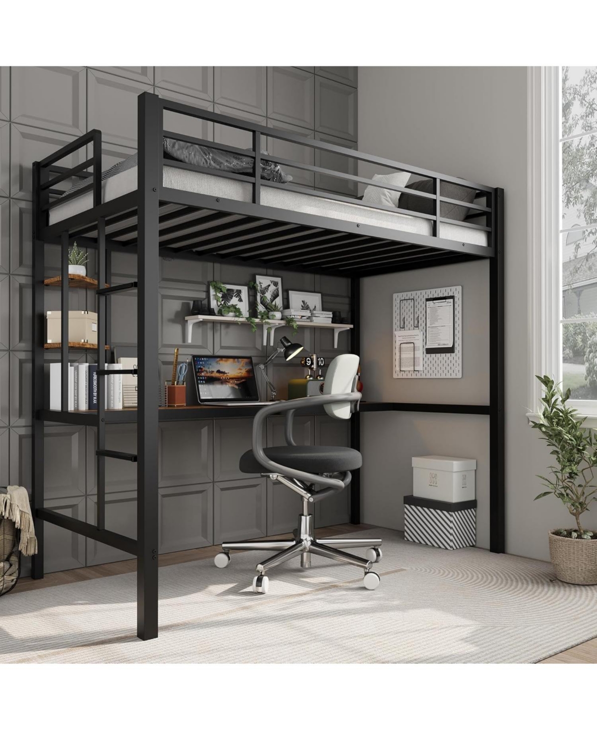 Gaomon Twin Size Loft Bed with Large Desk, Storage Shelves, Stairs & Safety Guardrail, Space Saving, Black & Brown