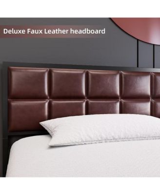 Queen Size Metal Platform Bed Frame with Faux Leather Headboard Steel Slats Ample Underbed Storage Red Brown
