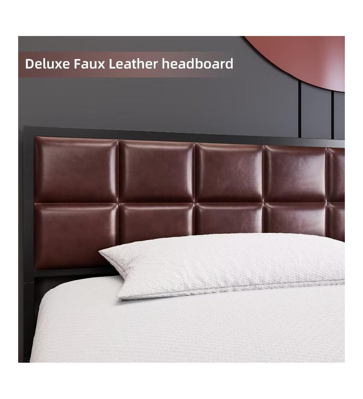 gaomon Queen Size Metal Platform Bed Frame with Faux Leather Headboard Steel Slats Ample Underbed Storage Red Brown