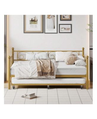 Twin Daybed with Trundle Metal Sofa Bed Heavy Duty Slats Space Saving Guest Room Gold
