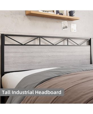 King Size Triangular Panel Platform Bed Light Gray Woodgrain Space-Saving No Box Spring