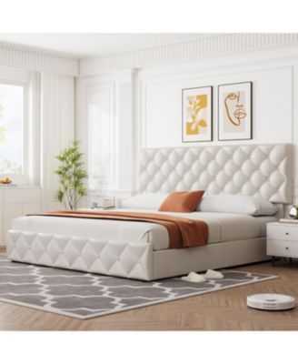 King Size Platform Bed Frame Adjustable Headboard 4 Drawers Modern Grey Upholstered with Footboard Wood Slats