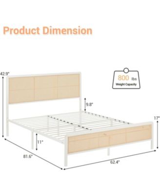 Queen Size White Rattan Bed Frame with Headboard Boho Platform LED Lights Metal Slats Noise-Free