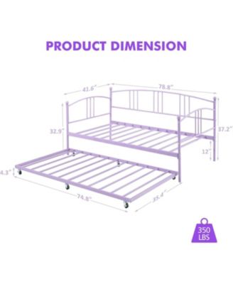 Twin Daybed with Trundle Metal Frame Pullout Trundle 6 Casters Steel Slats Living Room Bedroom Guest Room No Box Spring Purple