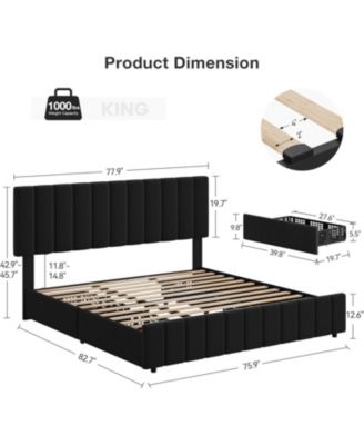 King 4 Storage Drawers, Adjustable Headboard, Wooden Slats, Black Linen Upholstered Platform Bed Frame