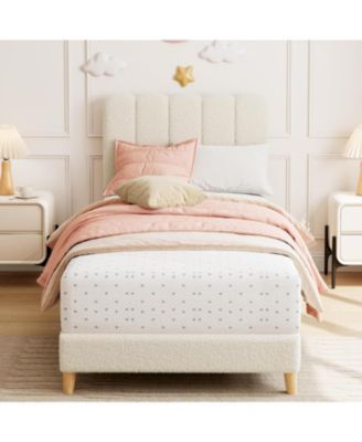 Twin Bed Frame Boucle Upholstered Wave Headboard Girls Kids Wooden Slats No Box Spring Needed Beige