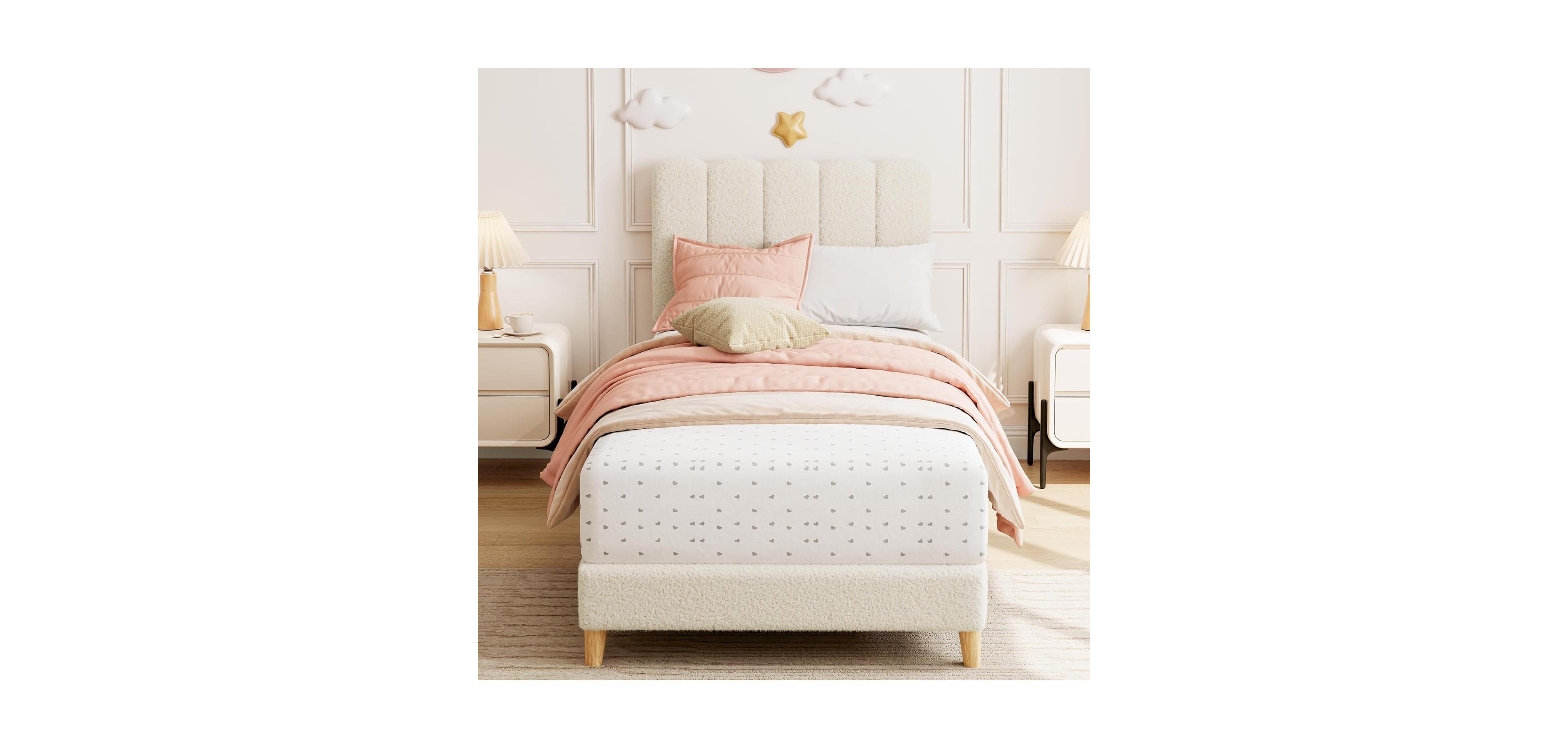 gaomon Twin Bed Frame Boucle Upholstered Wave Headboard Girls Kids Wooden Slats No Box Spring Needed Beige