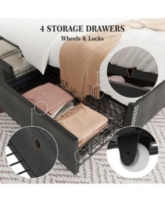 Full Bed Frame Gray Upholstered 4 Storage Drawers Wingback Headboard Charging Station Button Tufted