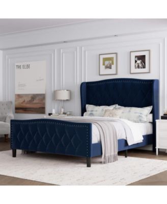 Full Bed Frame Blue Upholstered 4 Storage Drawers Wingback Headboard Charging Station Button Tufted