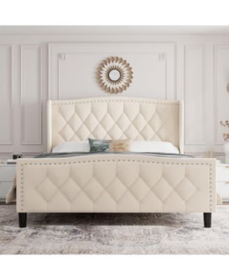 Full Bed Frame Beige Upholstered 4 Storage Drawers Wingback Headboard Charging Station Button Tufted
