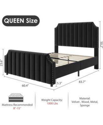 Queen Size 50" Headboard, Velvet Channel Tufted Footboard, Nailhead Trim, No Box Spring, Black Platform Bed Frame
