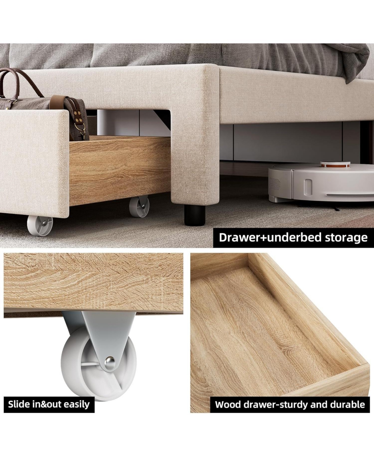 Upholstered Bed Frame Storage Headboard Platform Drawers Charging Station Noise Free No Box Spring Beige