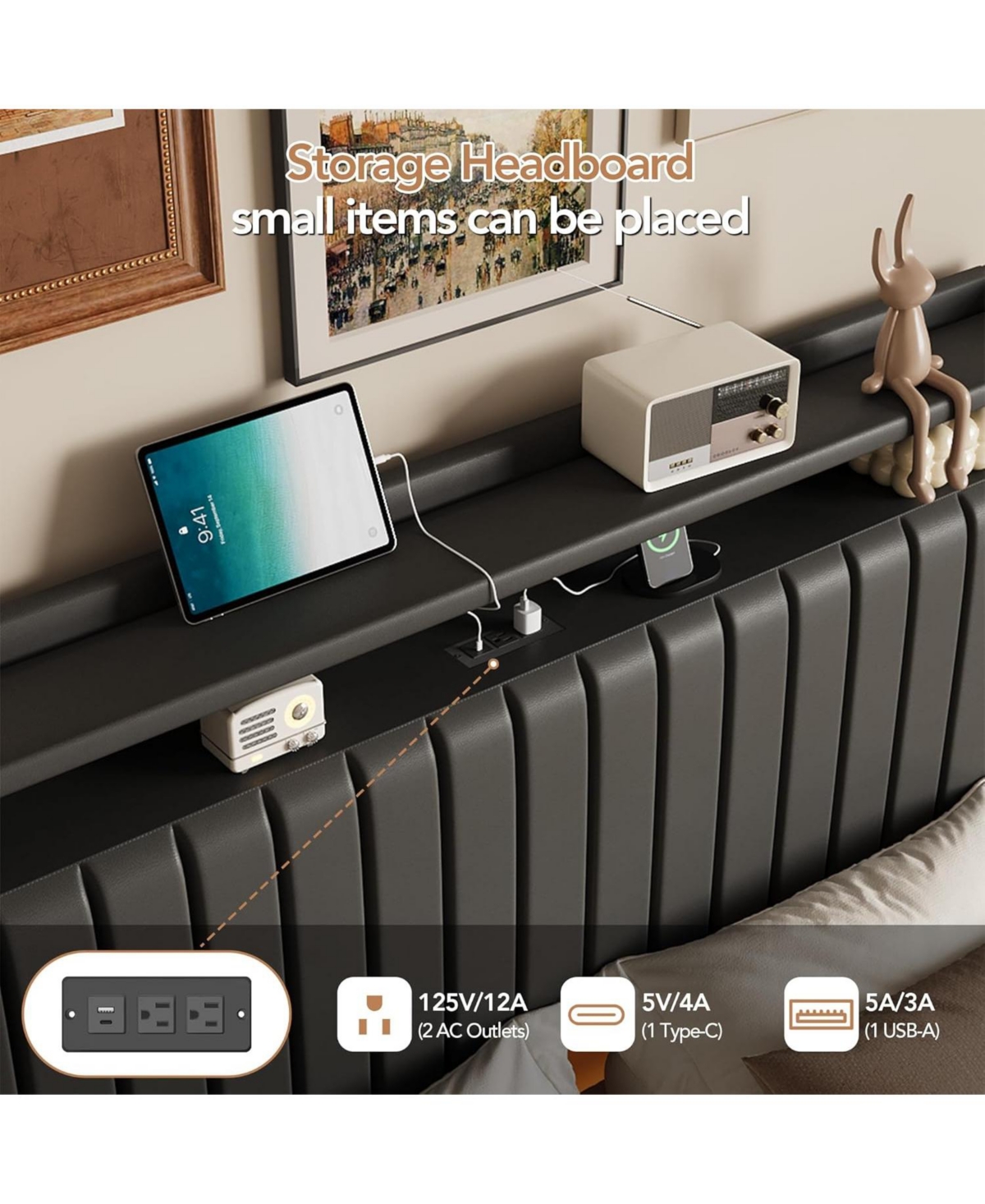 gaomon Full Size Floating Bed Frame Rgb Led Lights Charging Station Storage Headboard 50in Headboard Upholstered Platform Black