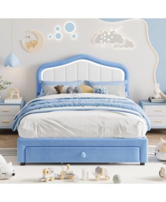 Full Size Upholstered LED Bed Frame with Storage Drawer Velvet Platform for Kids Wooden Slats No Box Spring Blue