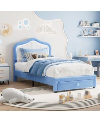 Twin XL Upholstered Bed Frame Storage Drawer Smart LED Headboard Princess Platform for Kids Girls Wooden Slats Blue White