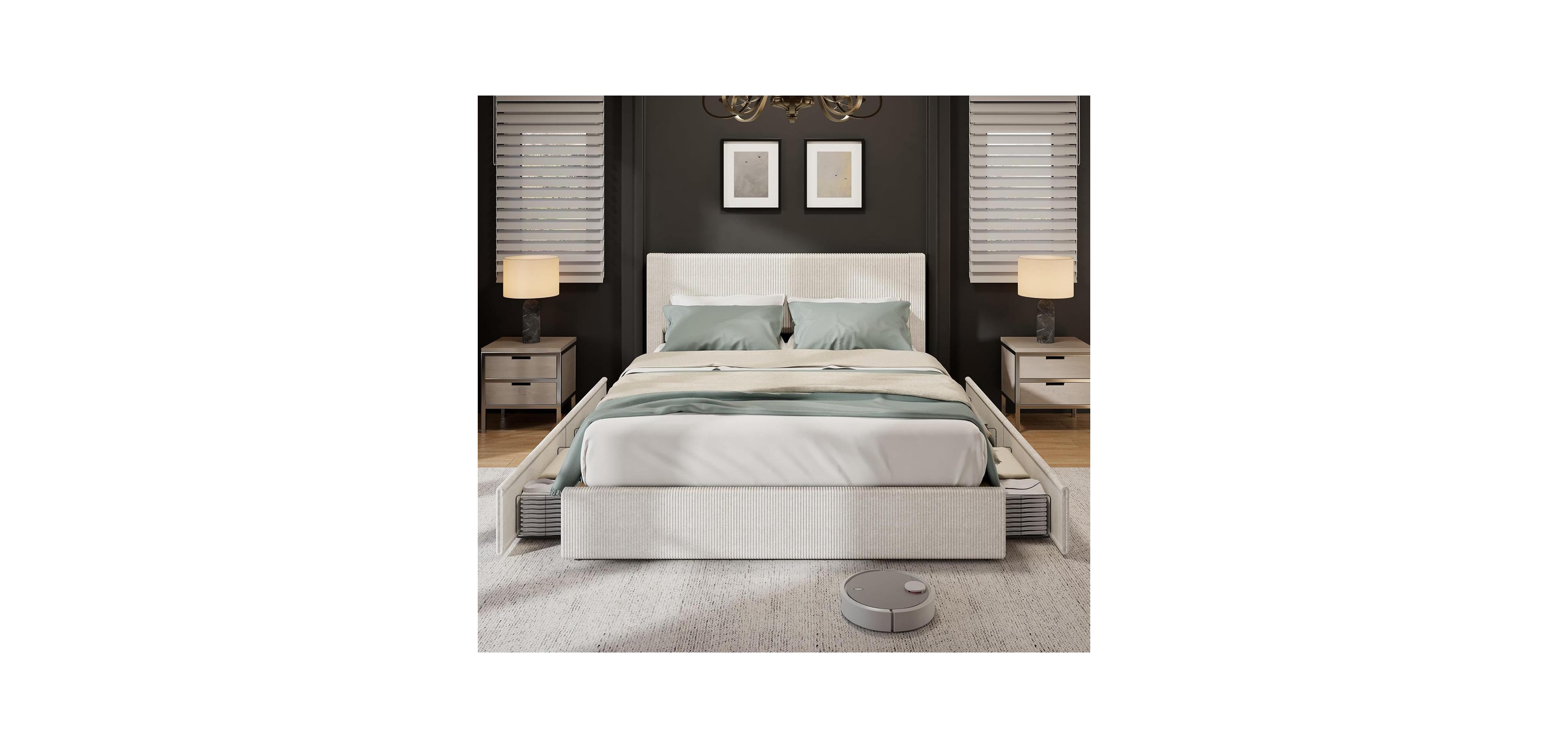 gaomon King Size Bed Frame 4 Storage Drawers Platform Bed Upholstered Channel Tufted Wingback Headboard Strong Wood Slats Beige