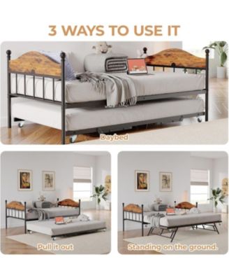 Twin Size Metal Daybed with Trundle Foldable Trundle Sofa Bed Stylish Headboard for Living Room, Bedroom, Guest Room Brown