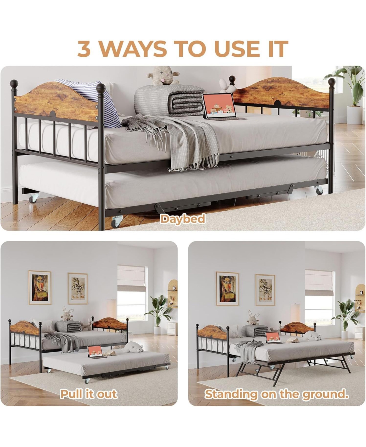 gaomon Twin Size Metal Daybed with Trundle Foldable Trundle Sofa Bed Stylish Headboard for Living Room, Bedroom, Guest Room Brown