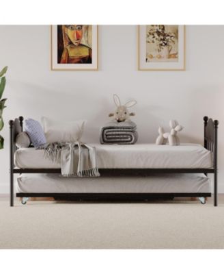 Twin Size Metal Daybed with Pop Up Foldable Trundle Heavy Duty Sofa Bed Stylish Headboard Steel Slats Rustic