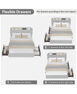 Queen Size Boucle Upholstered Bed Frame with Bookcase Headboard 2 Drawers No Box Spring Platform Bed Frame