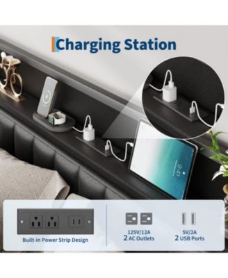 Queen Size Black Faux Leather Upholstered Platform Bed Frame with Storage Headboard Charging Station USB Ports Outlets