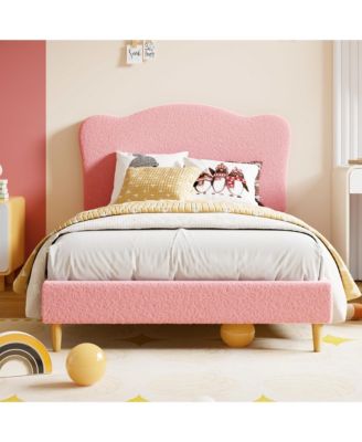 Twin Size Bed Frame for Kids with Scallop Headboard, Cute Velvet Twin Bed for Girls, Boys, Sturdy Platform Bed