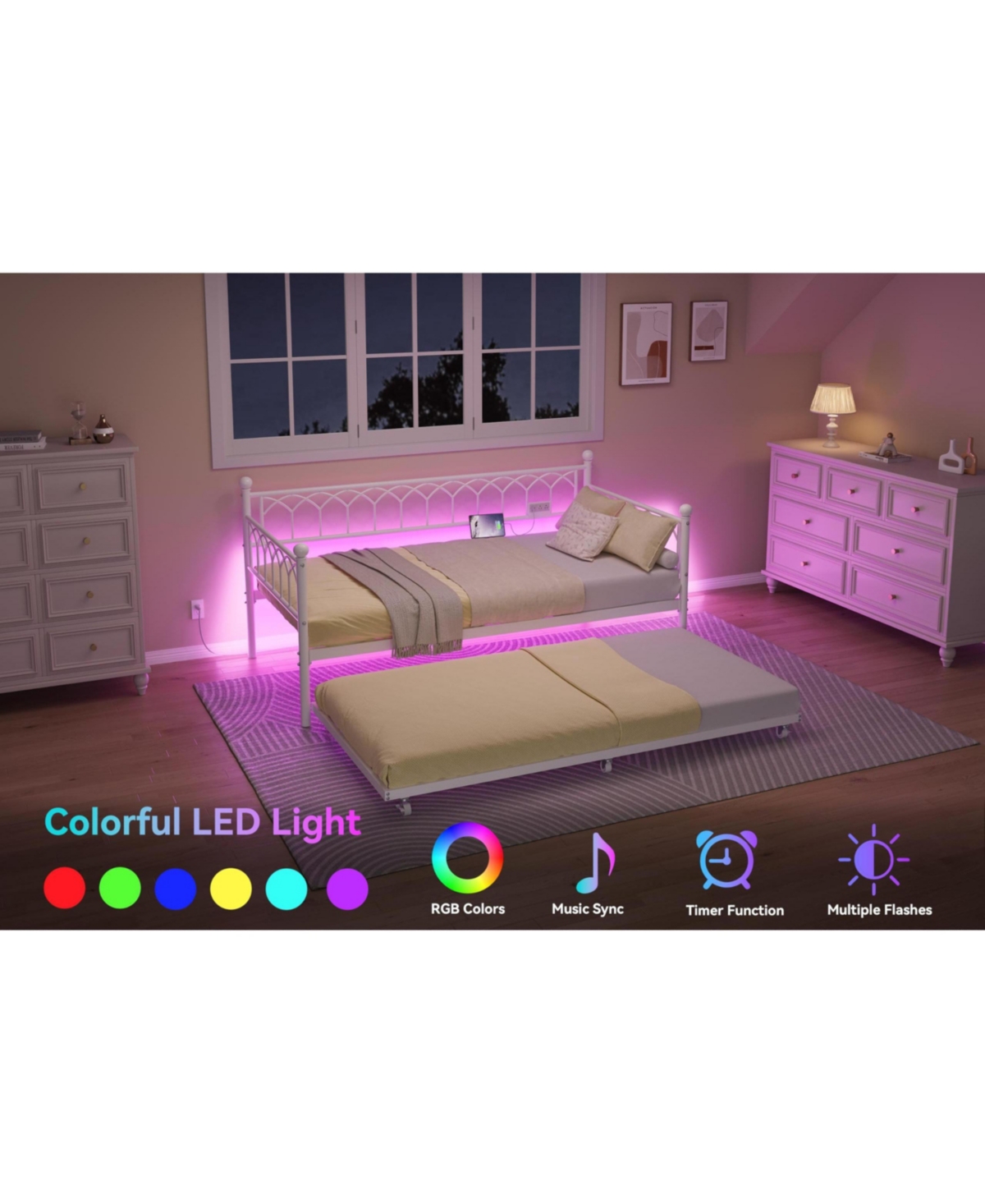 Gaomon + Twin + Wood/Metal (or specify actual material) + Charging Station & Led Lights + Daybed with Trundle