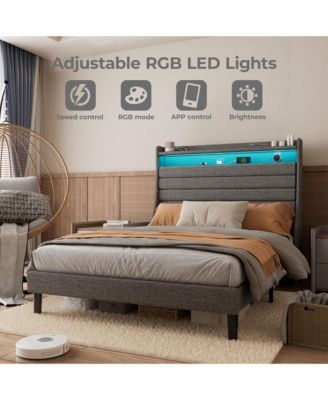 Full Bed Frame with USB Charging Station & LED Lights