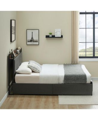 King Size Bed Frame with 2 Storage Drawers and Charging Station, Rustic Linen Upholstered Platform Bedframe