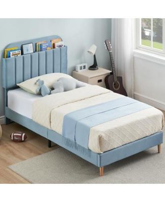 Twin Bed Frames, Upholstered Platform Bed Frame with Bookcase Headboard, Velvet Platform Bed Mattress Foundation