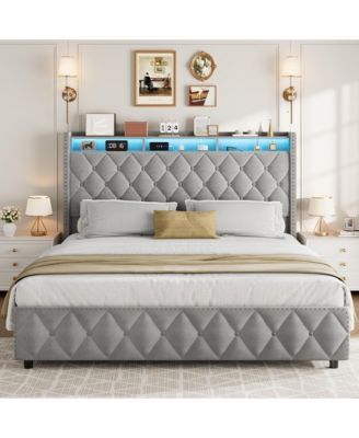 Queen Bed Frame with 50.8" Tall Headboard, Platform Velvet Upholstered Bed Frame with 4 Storage Drawers