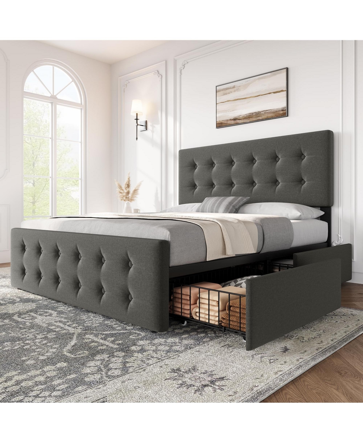 Full Bed Frame with Headboard and 4 Storage Drawers, Platform Bed Frame Square Stitched Button Tufted