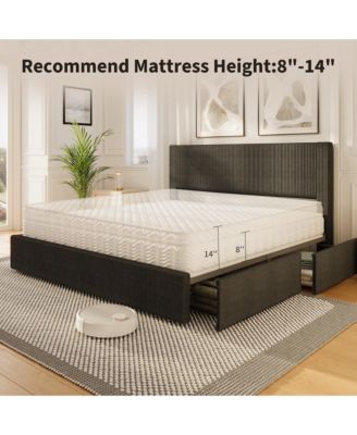 Full Size Bed Frame with 4 Storage Drawers, Platform Full Bed Frame with Upholstered Channel Tufted Wingback Headboard