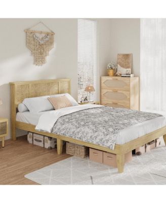 Full Bed Frame with Headboard, Sturdy Wooden Slats, Metal Platform, Boho Cane Mattress Support