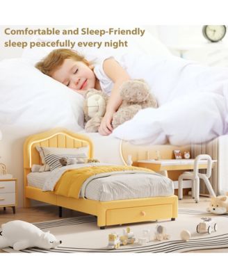 Twin Size Upholstered Platform Bed Frame with Storage Drawer & Smart LED Headboard for Kids