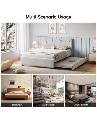 Trundle Bed, Full Size Upholstered Platform Bed Frame, Pull Out Bed with Headboard, Wood Slat Support