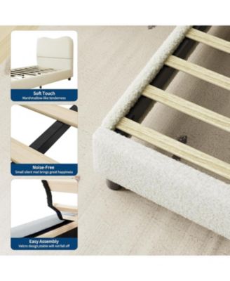 Senfot Full Size Boucle Bed Frame,Beige Upholstered Platform Bed with Rounded Corners,Soft Low Profile Heavy Duty
