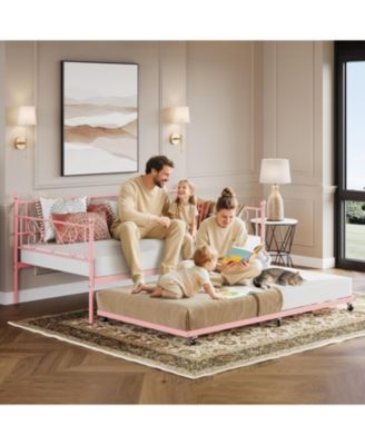 Twin Metal Daybed with Trundle  , Durable Steel Slats, Compact Sofa Bed with Pull-Out Trundle for Small Spaces