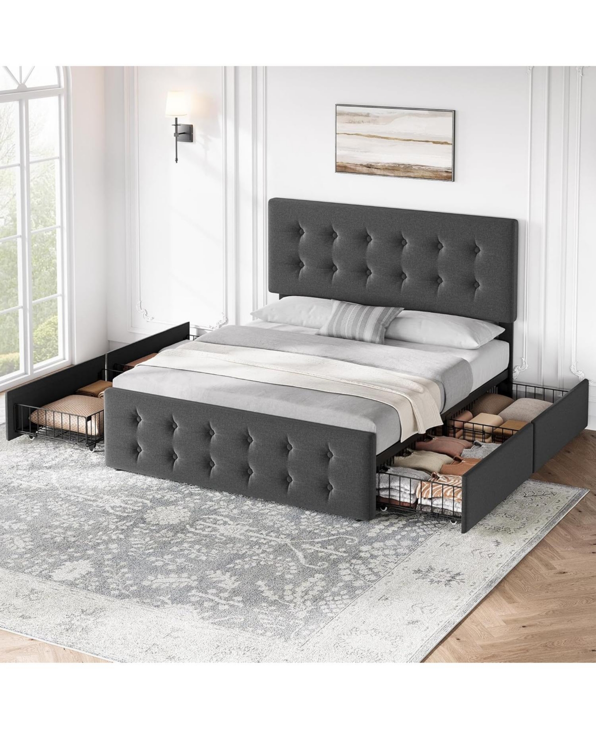 Gaomon Faux Leather with Button-Tufted Headboard, 4 Storage Drawers, Sturdy Wood Slats, No Box Spring Platform Bed
