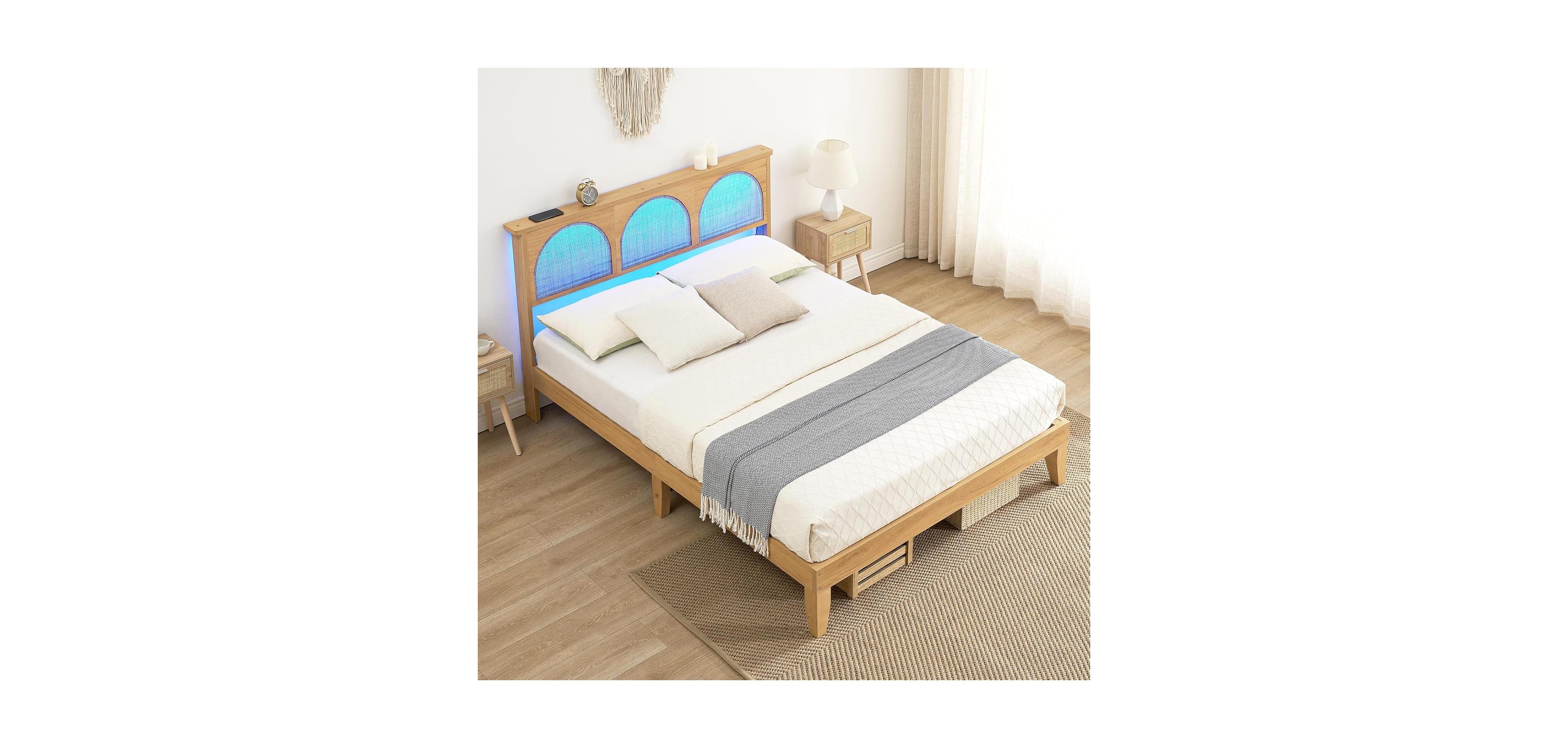 Gaomon Rattan Led Headboard Storage Modern Boho Design Heavy-Duty 1000 lbs Capacity Platform Bed Frame
