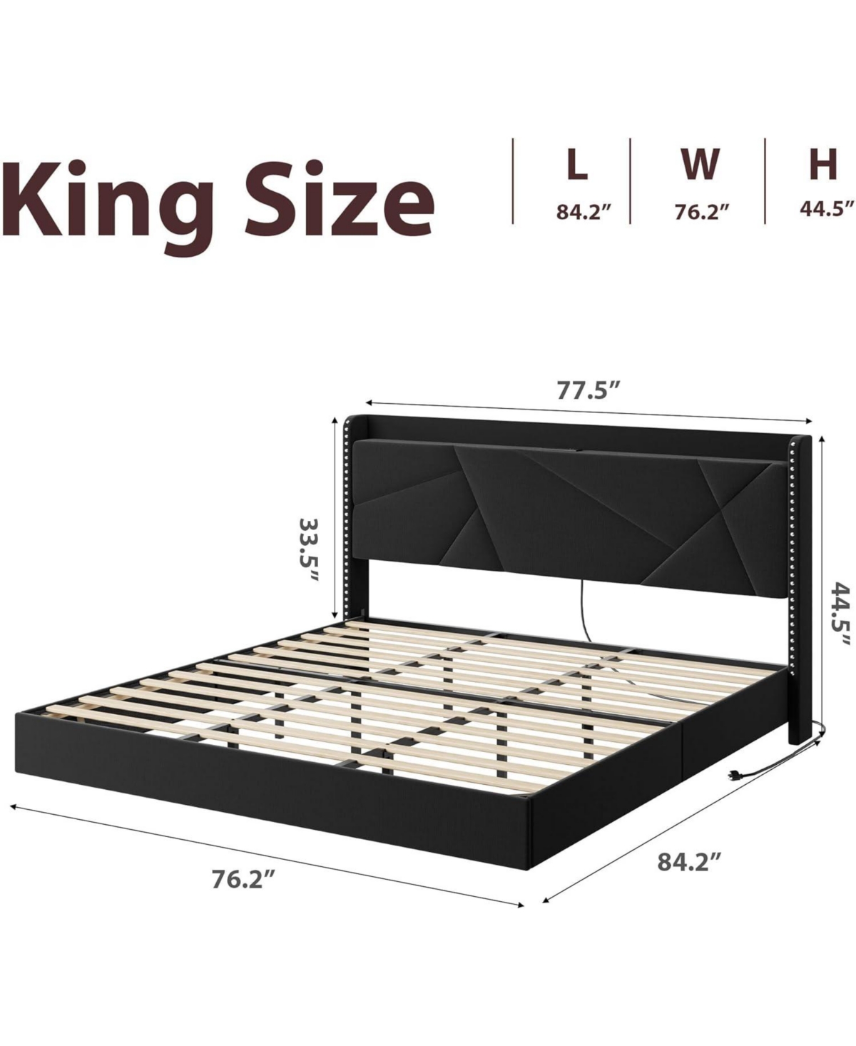 gaomon King Floating Bed Frame with Rgb Led Lights & Charging Station Upholstered Platform Storage Headboard Button Tufted Design No Box Spring