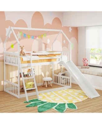 Twin Over Twin House Bunk Bed w/ Slide Solid Wood Low Bunk Bed for Kids