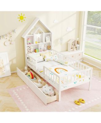 Twin Size House Bed w/ 2 Drawers Kids Montessori Bed w/ Storage Headboard