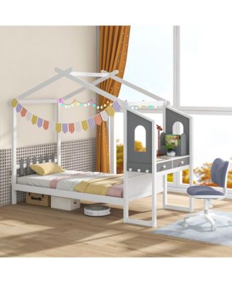 Kids House Bed w/ Study Desk & Removable Box Drawers Hanging Hooks